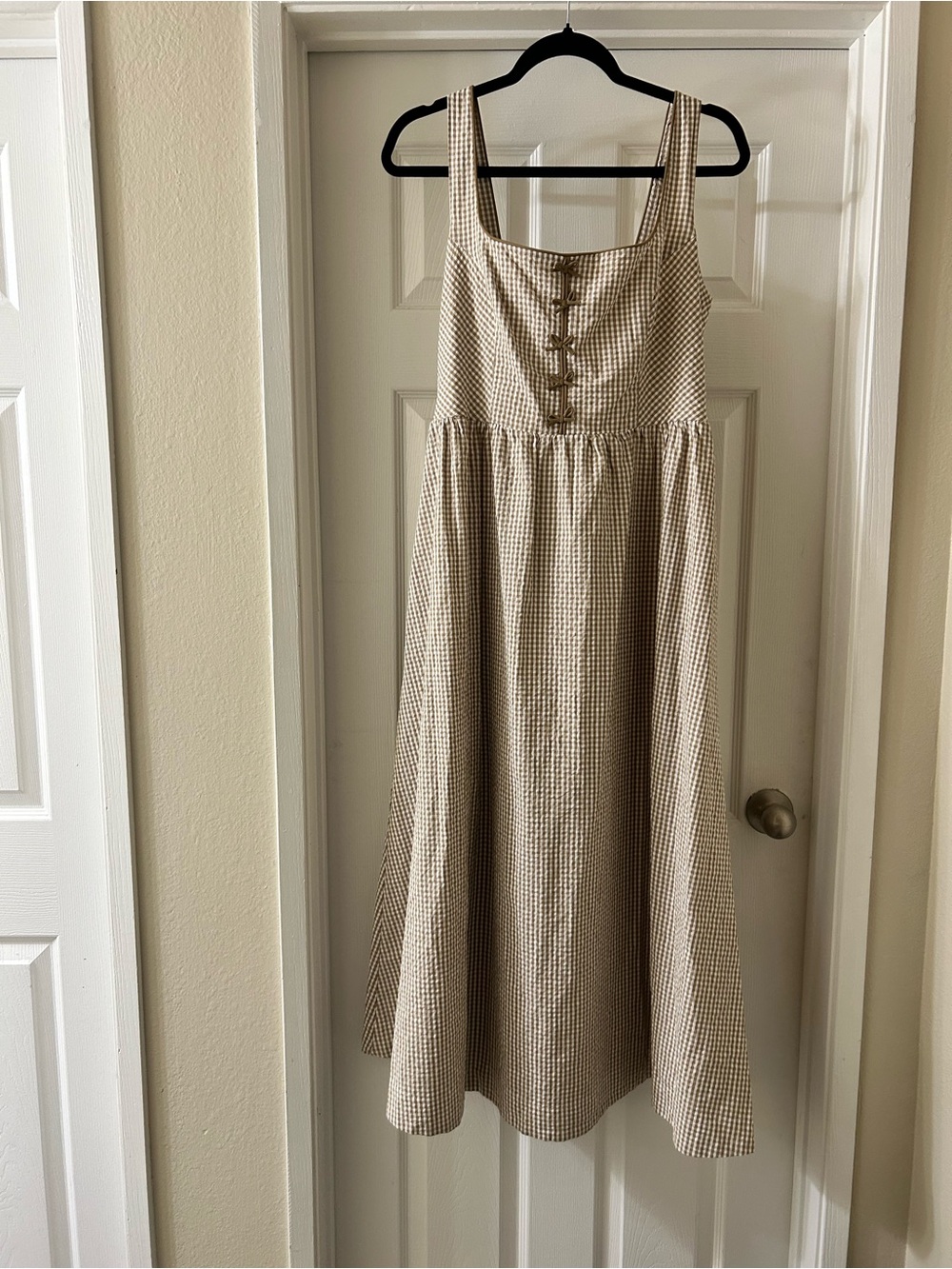 Caroline Constas Beige Gingham Midi Dress